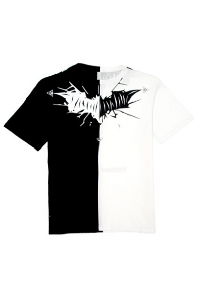 New Fashion Bat Printed Color Block Round Neck Short Sleeve Casual T-Shirt