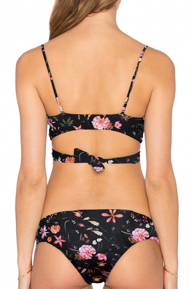 Retro Floral Pattern Spaghetti Straps Top Hollow Out Side Bottom Bikini Swimwear