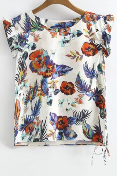 Round Neck Ruffle Sleeve Chic Floral Printed Pullover Loose Blouse