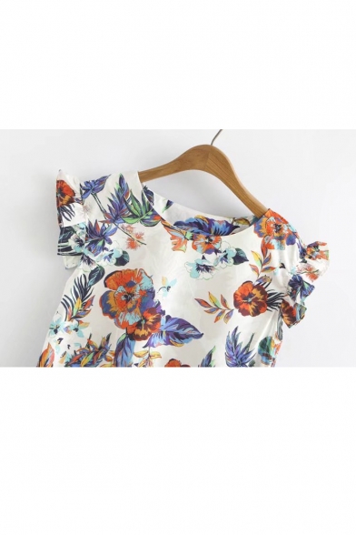Round Neck Ruffle Sleeve Chic Floral Printed Pullover Loose Blouse