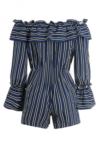 Sexy Off The Shoulder Long Sleeve Classic Striped Printed Rompers
