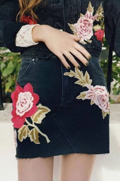 Summer's Chic Floral Embroidered High Rise Mini Denim Bodycon Skirt with Pockets