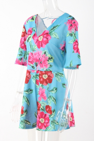 Summer's Chic Floral Pattern Plunge Neck Short Sleeve Holiday Rompers