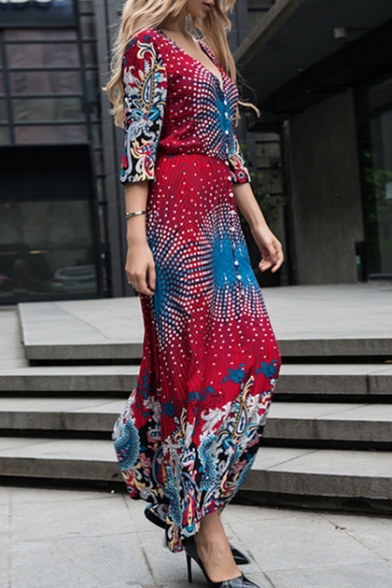 Summer's Holiday Plunge Neck Half Sleeve Tribal Printed Buttons Down Maxi Dress