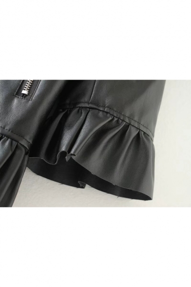 Women's Zip Fly 3/4 Length Sleeve Ruffle Hem Plain PU Coat