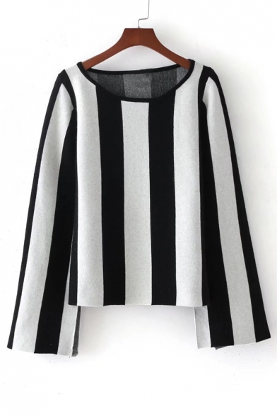 Classic Color Block Black&White Striped Printed Round Neck Long Sleeve Sweater