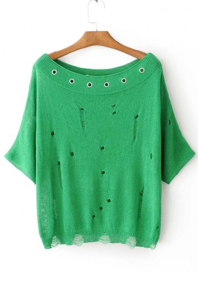 Fashion Boat Neck Half Sleeve Hollow Out Grommet Embellished Plain Sweater