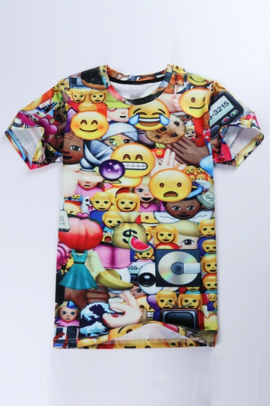 Hot Fashion Funny Cartoon QQ Emoji Printed Round Neck Short Sleeve T-Shirt