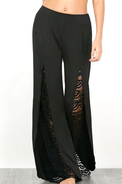 Hot Fashion High Waist Chic Lace Inserted Plain Flare Pants