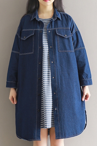 Lapel Collar Long Sleeve Simple Plain Oversize Longline Denim Coat