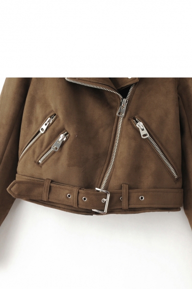 New Fashion Notched Lapel Collar Long Sleeve Zips Design Suede Plain Coat