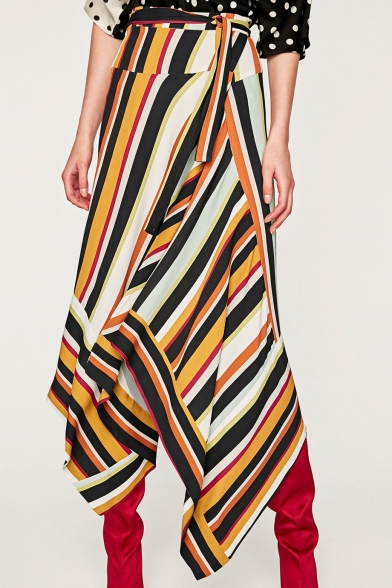 New Stylish Striped Color Block Asymmetric Wrap Skirt
