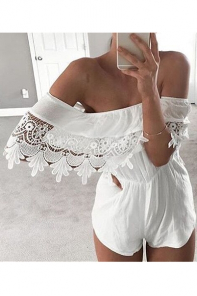 Off The Shoulder Chic Lace Inserted Holiday Beach Plain Loose Rompers