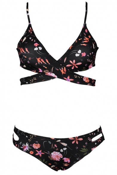 Retro Floral Pattern Spaghetti Straps Top Hollow Out Side Bottom Bikini Swimwear
