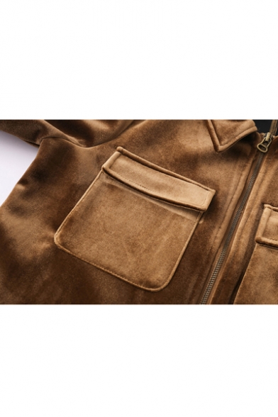 Retro Velvet Plain Long Sleeve Lapel Collar Zip Placket Coat with Double Pockets