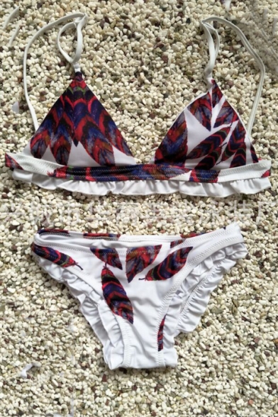 Summer's Leaves Pattern Spaghetti Straps Sexy Bikini Swimwear