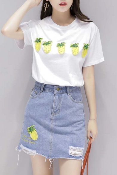 Summer's Pineapple Pattern Round Neck Short Sleeve Tee with Mini Denim Skirt