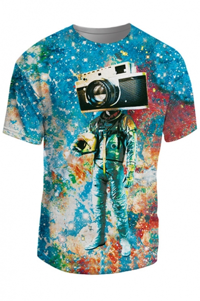 3D Galaxy Camera Astronaut Pattern Round Neck Short Sleeve Pullover T-Shirt