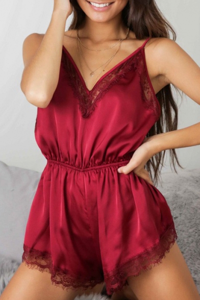Chic Lace Inserted Trim Spaghetti Straps Plain Sexy Pajamas Rompers