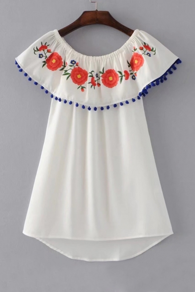 Fashion Off the Shoulder Pom Pom Trimmed Floral Embroidered Mini Swing Dress