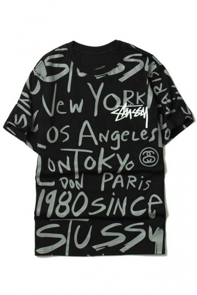 Hip Hop Style Letter Graffiti Round Neck Short Sleeve T-Shirt - Beautifulhalo.com