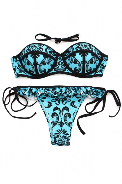 Hot Fashion Floral Printed Push Up Top String Side Bottom Bikini Swimwear