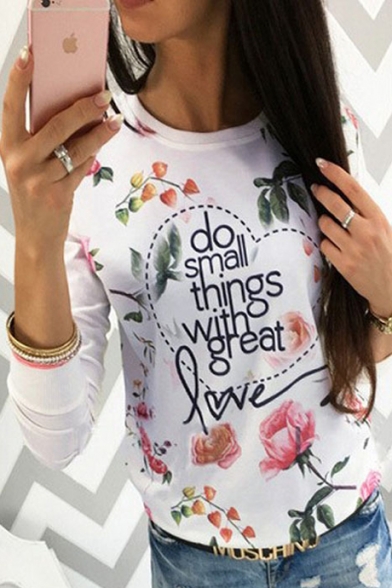 Hot Fashion Round Neck Long Sleeve Letter Floral Printed Casual T-Shirt