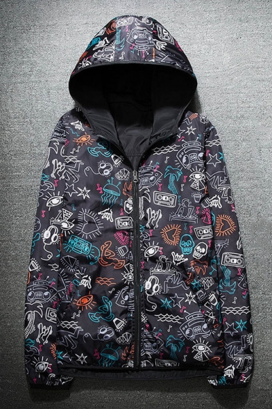 New Arrival Fashion Printed Hooded Long Sleeve Reversible Zip Up Parka Coat