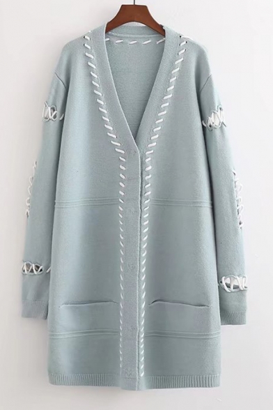 New Fashion Lace-Up String Embellished V Neck Long Sleeve Single Button Cardigan