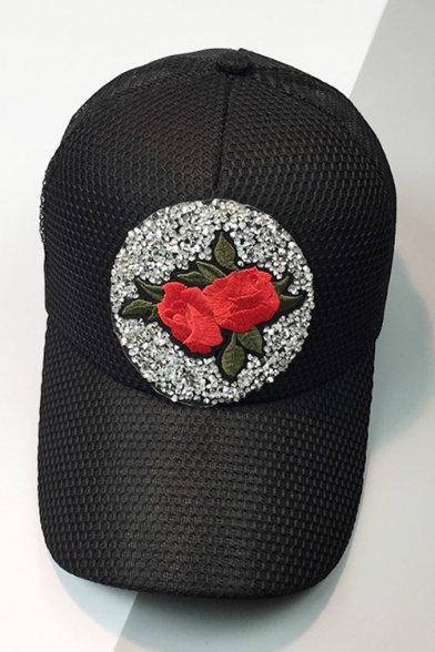 New Stylish Crystal Floral Embroidered Breathable Mesh Baseball Cap