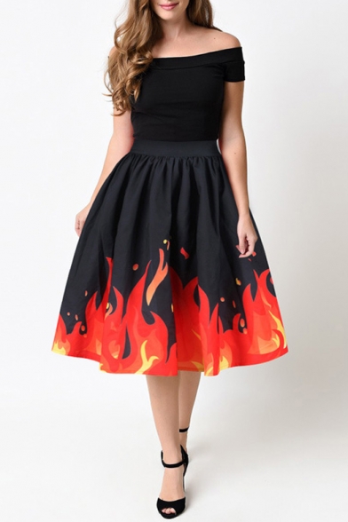 New Stylish Fire Pattern Hem Elastic Waist High Rise Midi Flared Skirt