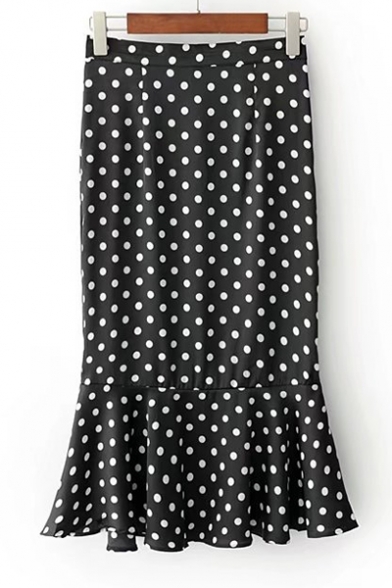 New Stylish High Waist Polka Dot Printed Pencil Midi Fishtail Skirt