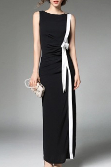 New Trendy Elegant Color Block Round Neck Sleeveless Split Maxi Pencil Dress