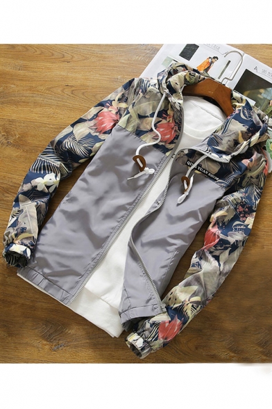 Oversize Casual Hooded Long Sleeve Color Block Floral Printed Zip Up Coat