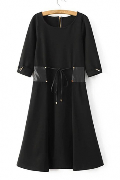 Round Neck 3/4 Sleeve Tied Waist Plain Fashion Midi A-Line Dress