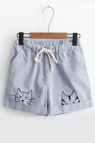 Summer's Lovely Cartoon Cat Embroidered Elastic Drawstring Waist Striped Loose Shorts