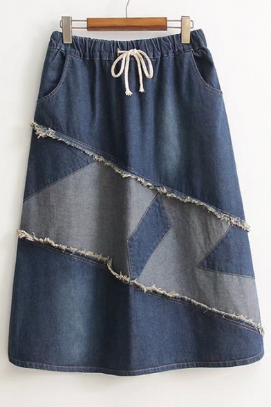 Casual Leisure Elastic Drawstring Waist Simple Patchwork Midi A-Line Denim Skirt