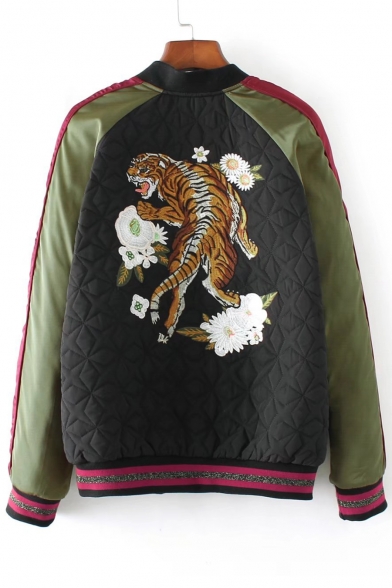 Floral Tiger Embroidered Back Color Block Long Sleeve Stand Up Collar Zip Up Jacket
