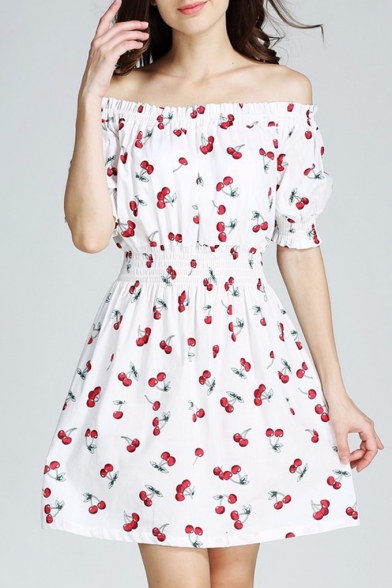 New Arrival Off The Shoulder Short Sleeve Cherry Printed Mini A-Line Dress