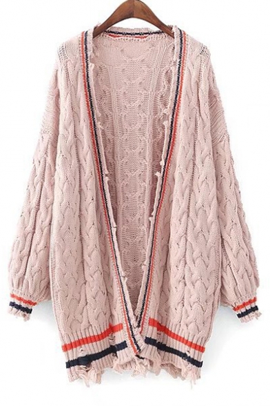 New Collection Open Front Long Sleeve Color Block Striped Printed Cable Knit Cardigan
