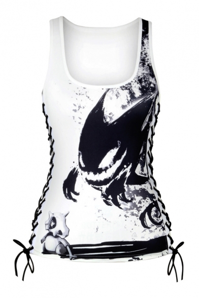 New Fashion 3D Monster Pattern Lace-Up Side Scoop Neck Sports Tank Tee