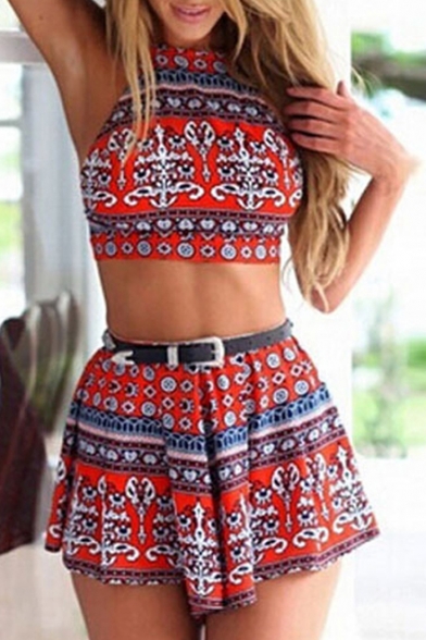 Women's Sexy Crisscross Back Cropped Cami with Skorts Tribal Printed Co-Ords