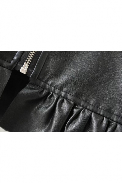 Women's Zip Fly 3/4 Length Sleeve Ruffle Hem Plain PU Coat