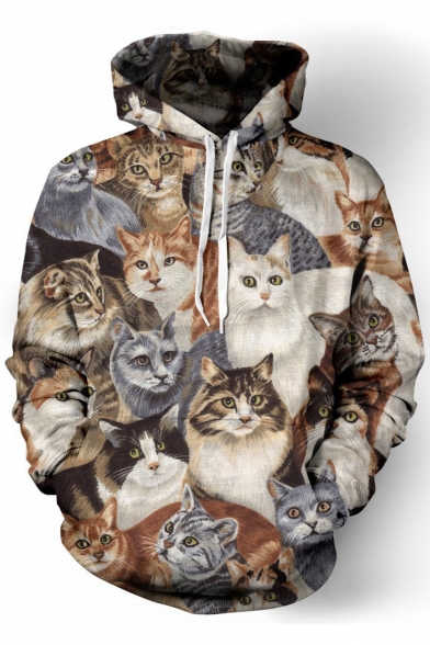3D Cartoon Cats Pattern Long Sleeve Casual Loose Hoodie with Pockets