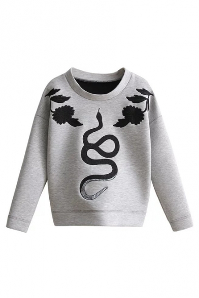 Black Snake Floral Embroidered Round Neck Long Sleeve Pullover Sweatshirt