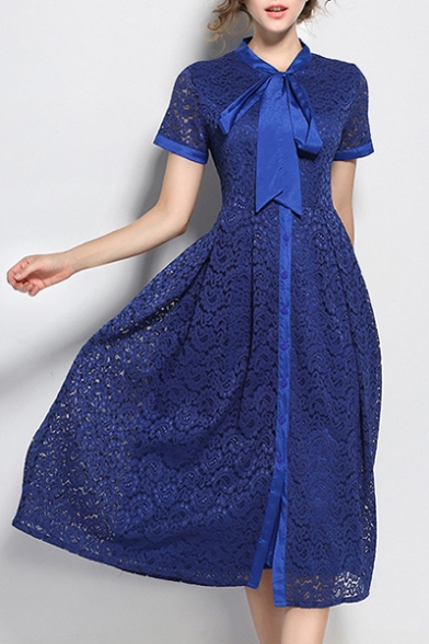 Chic Bow Tie Collar Short Sleeve Fashion Lace Inserted Midi A-Line Dress