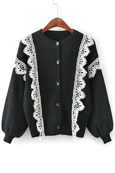 Chic Lace Inserted Round Neck Long Sleeve Comfort Knit Buttons Down Cardigan