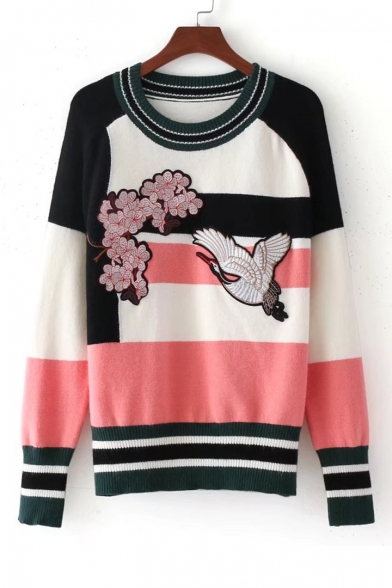 Fall Winter Embroidery Floral Crane Pattern Color Block Pullover Sweater