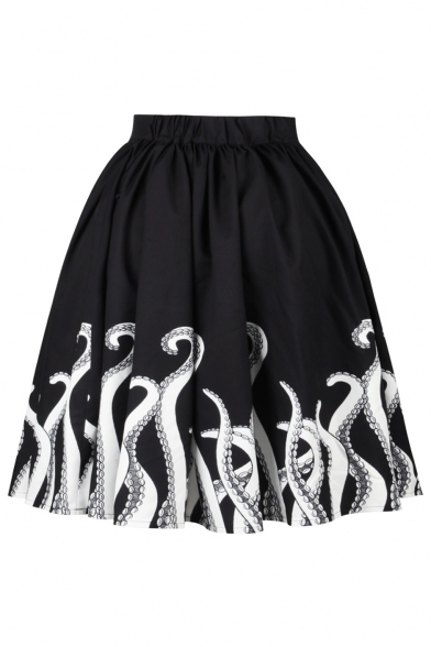 Fashion Fish Pattern Trim Elastic Waist Basic Midi Flare Skirt