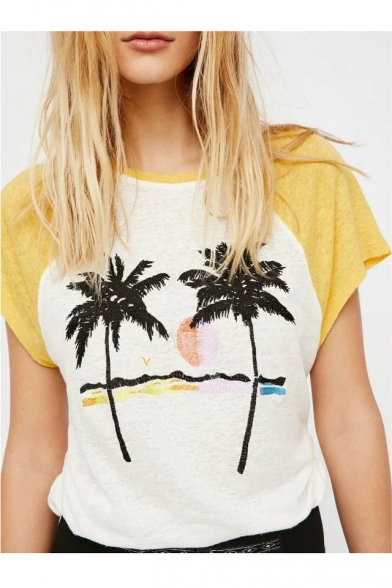 Holiday Color Block Coconut Palm Printed Round Neck Short Sleeve Loose T-Shirt